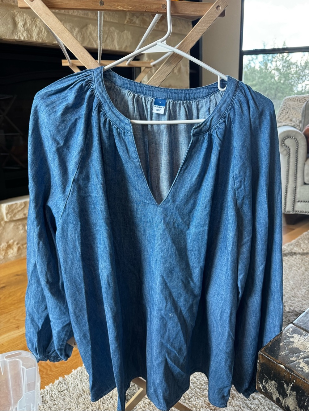 Old Navy Blue Denim-Look Long Sleeve Peasant Top